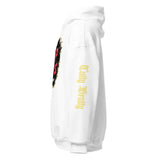 White hoodie with graphic designs.