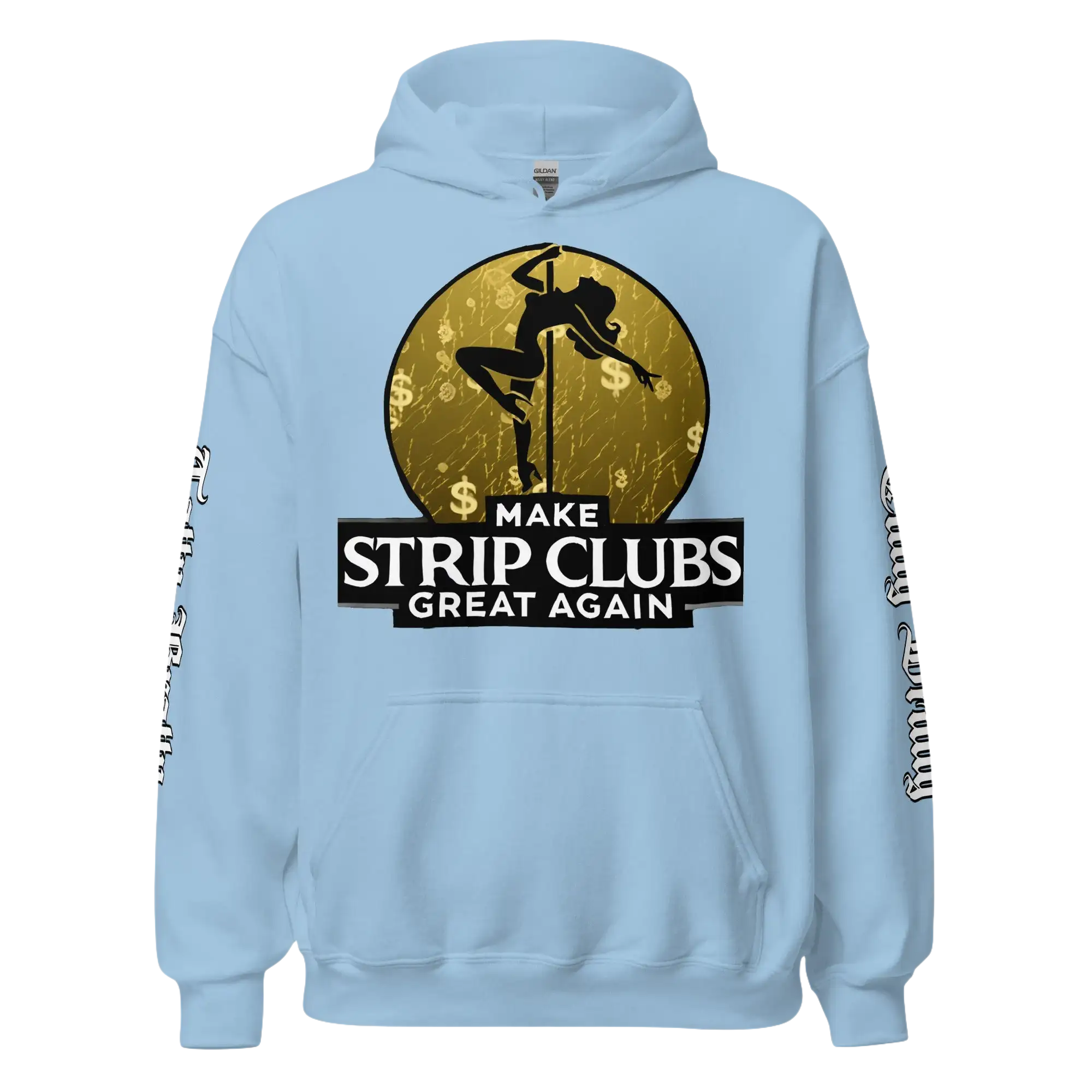 Light blue hoodie with a provocative graphic.