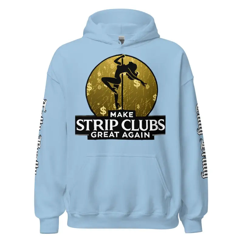 Light blue hoodie with a provocative graphic.