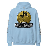 Light blue hoodie with a provocative graphic.