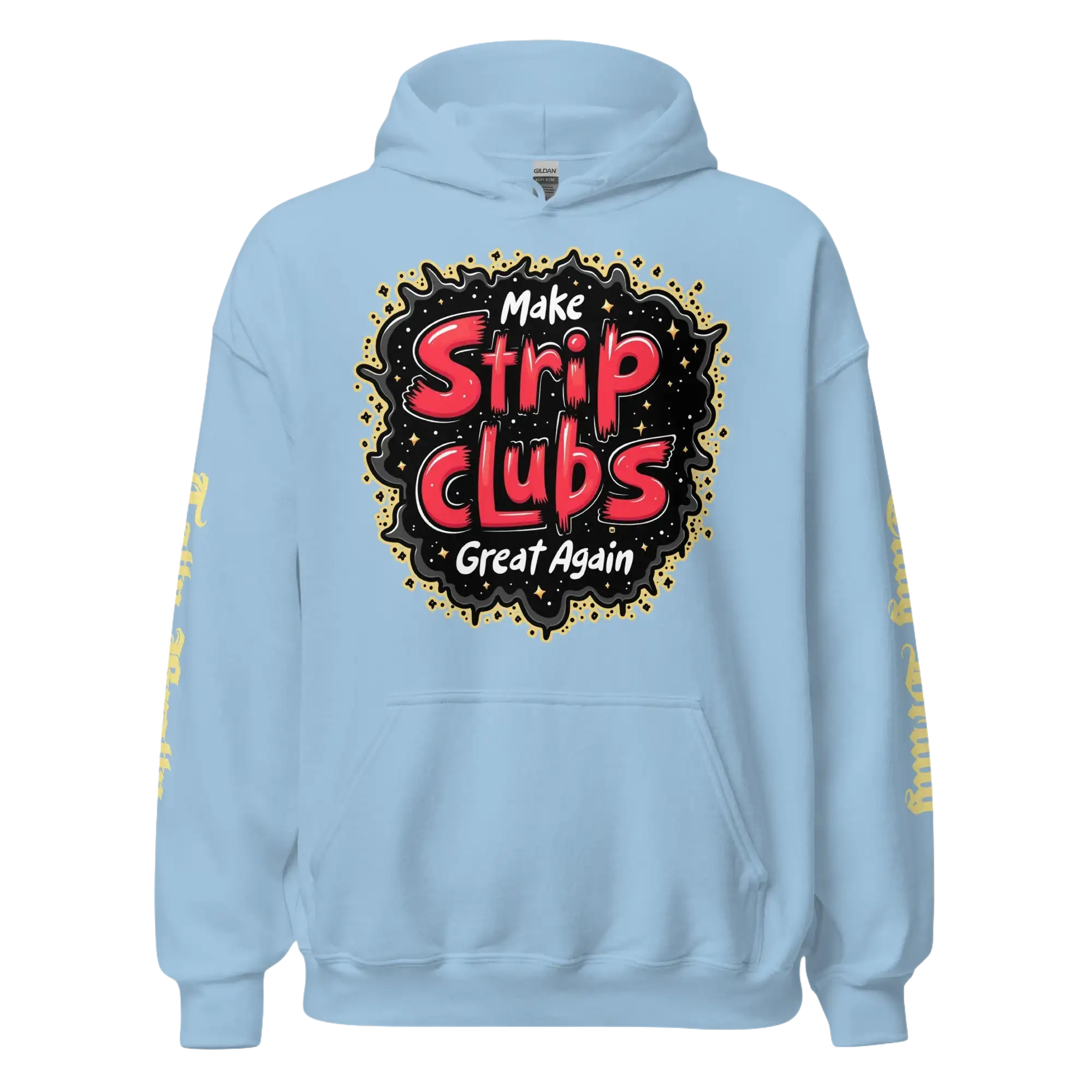 Light blue hoodie with graphic.