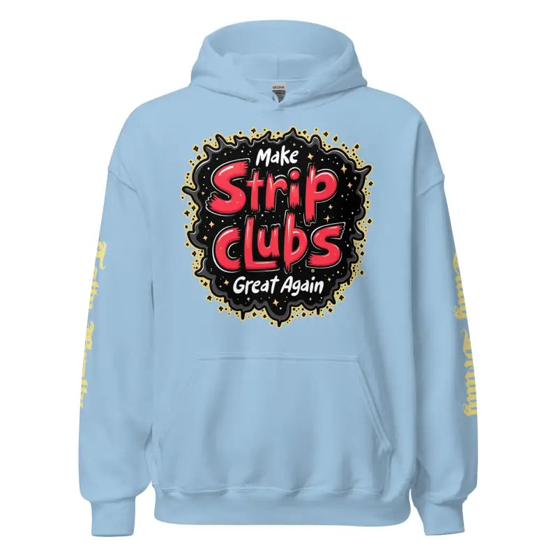 Light blue hoodie with graphic.