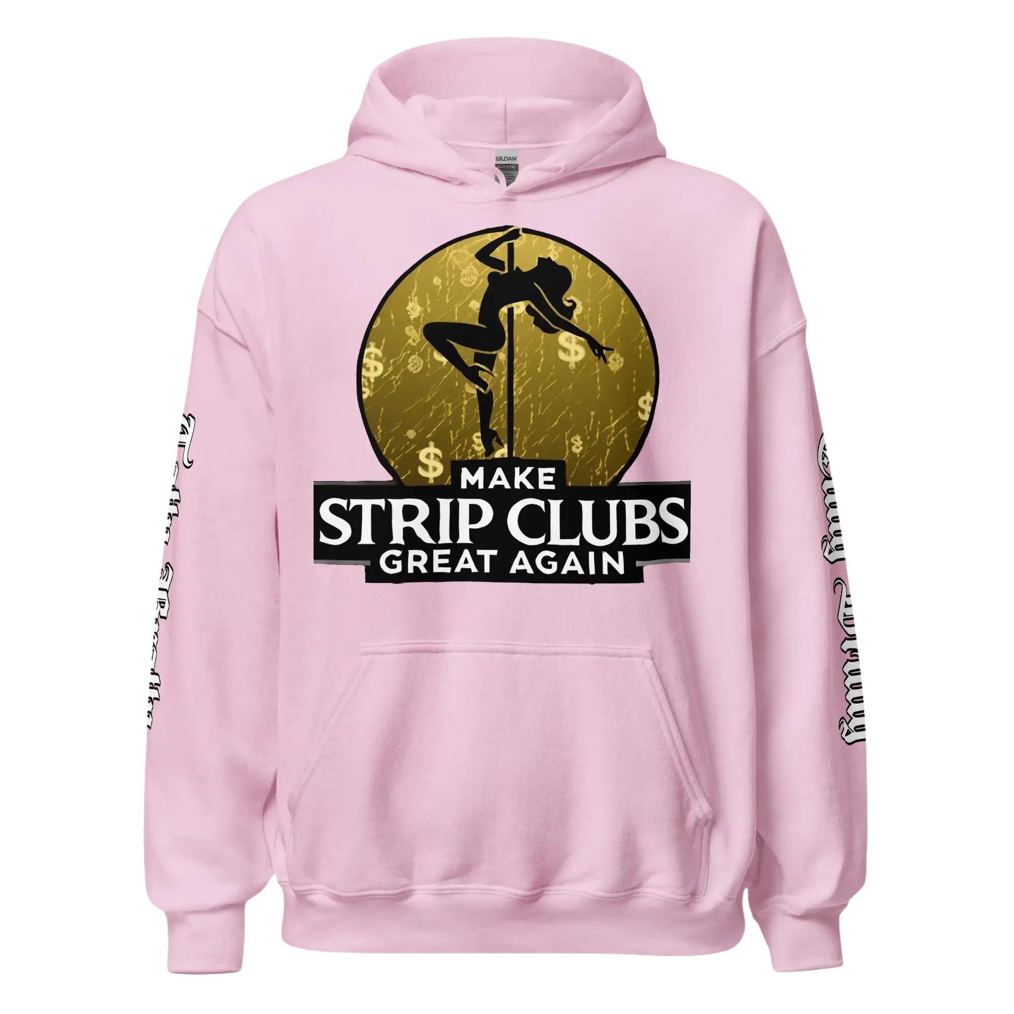 Pink hoodie with pole dancer graphic.