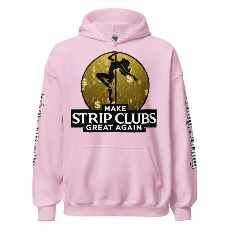 Pink hoodie with pole dancer graphic.