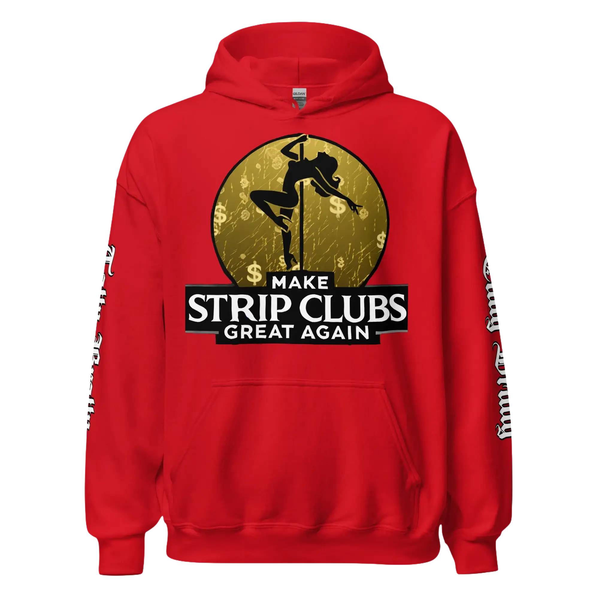 Red hoodie with pole dancer graphic.