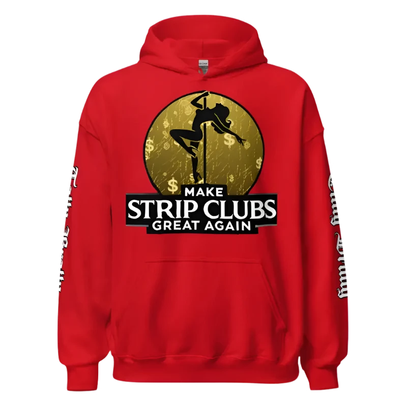 Red hoodie with pole dancer graphic.