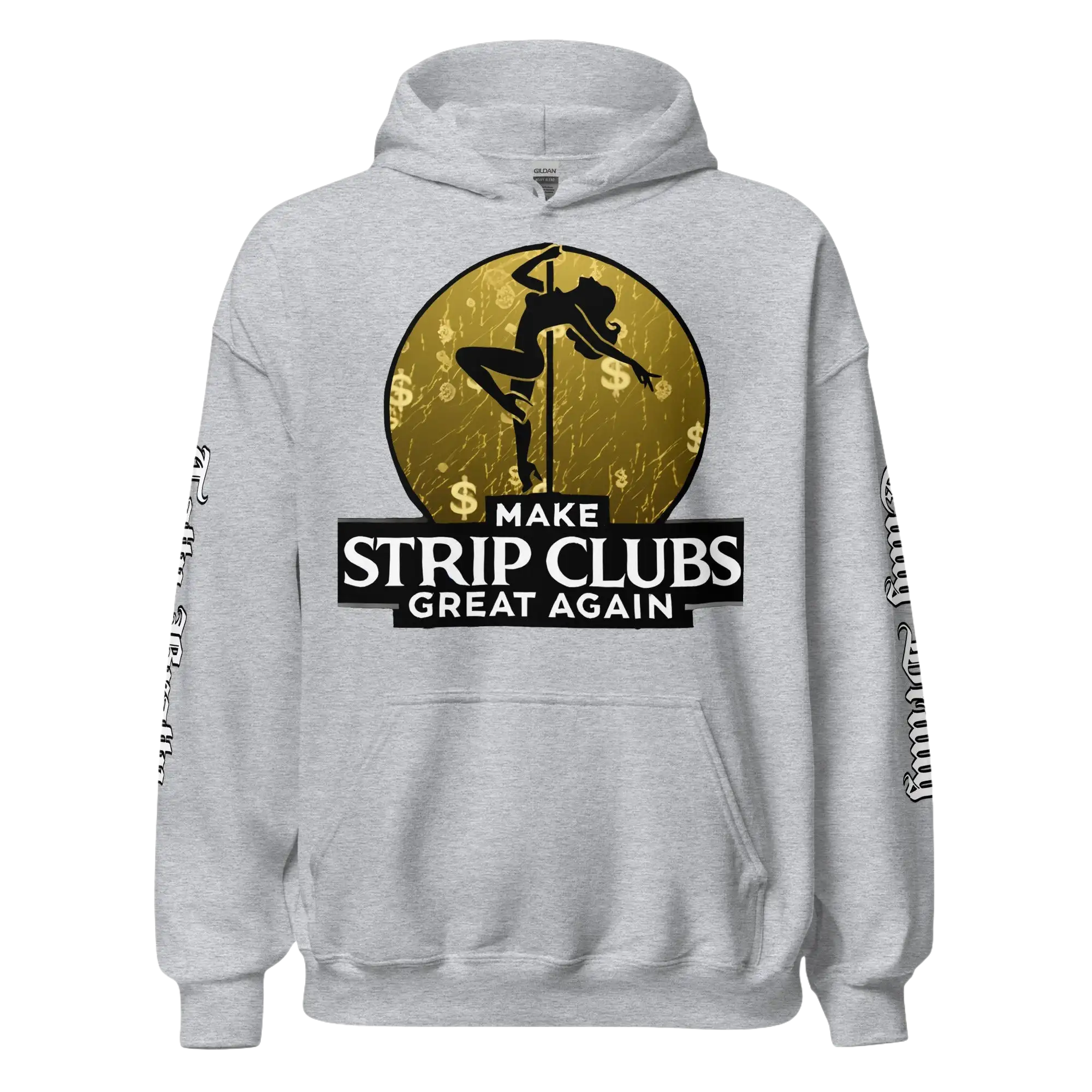 Gray hoodie with pole dancer graphic.