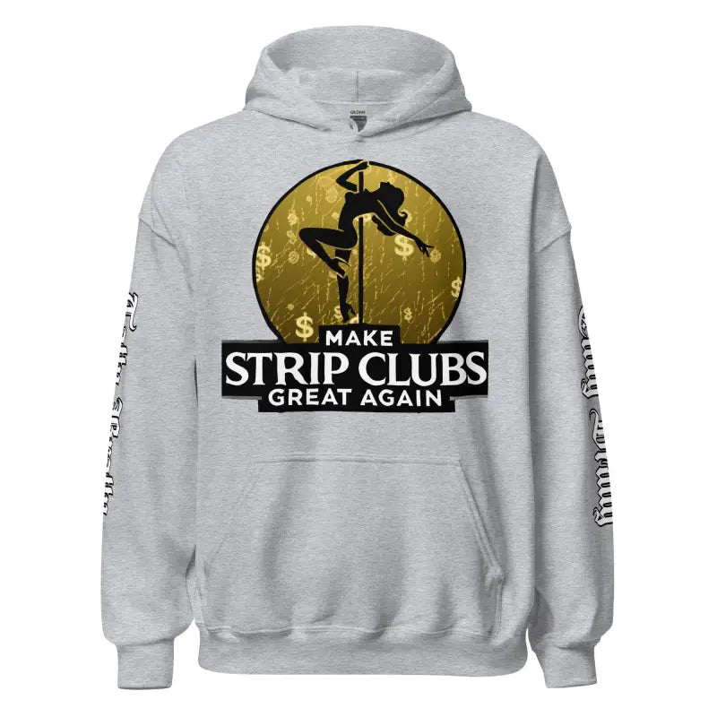 Gray hoodie with pole dancer graphic.