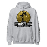 Gray hoodie with pole dancer graphic.