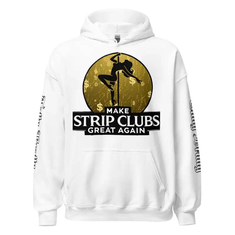 White hoodie with provocative graphic.