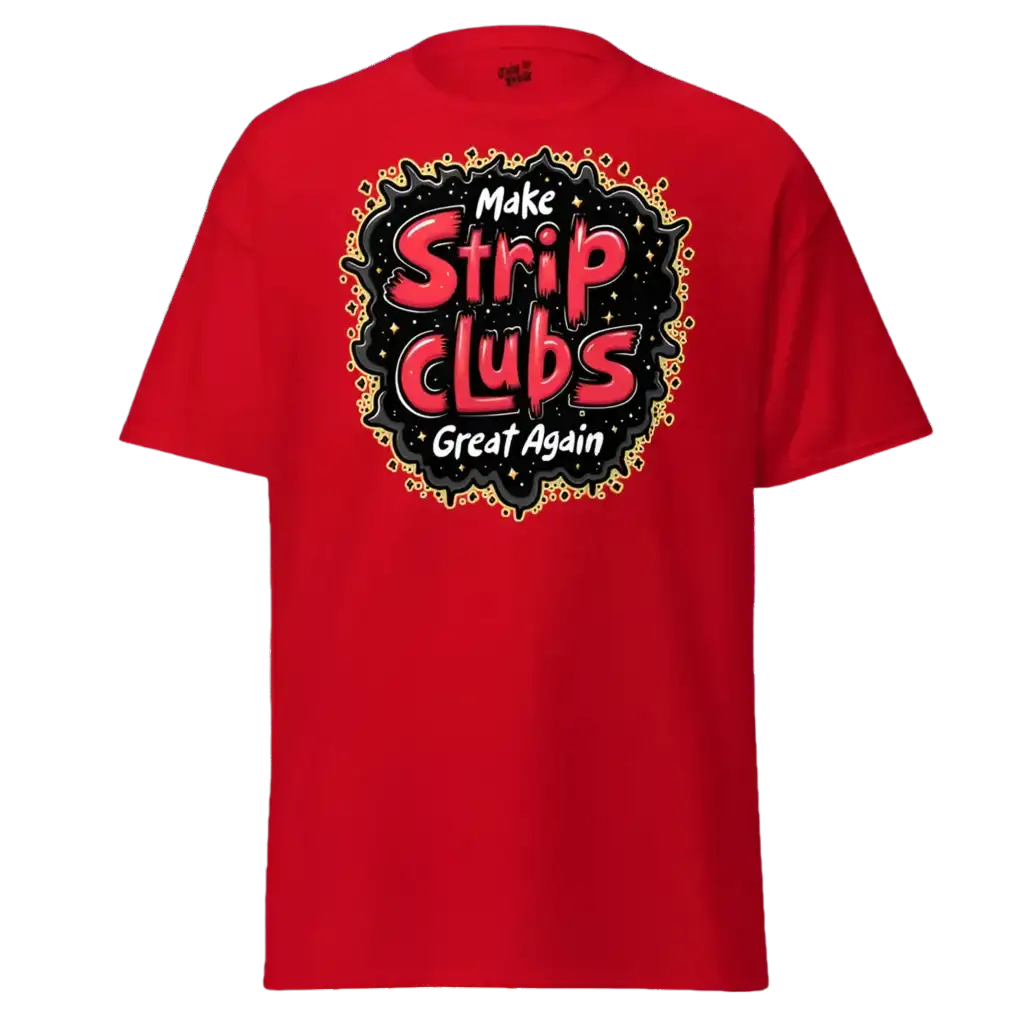 Red t-shirt with graphic.