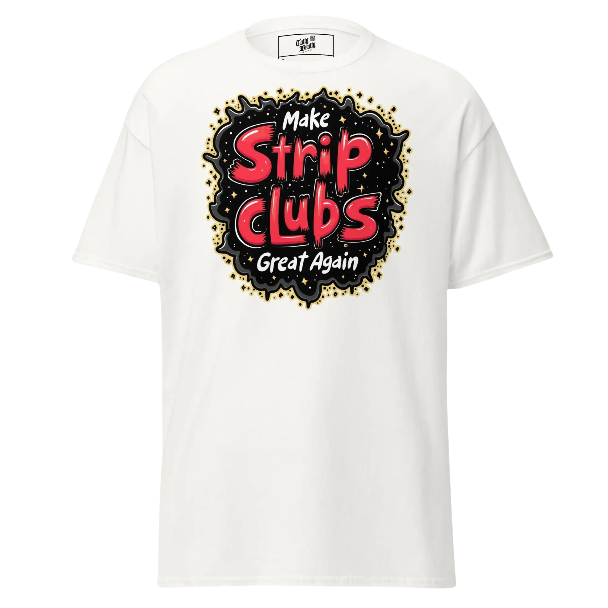 White t-shirt with graphic.