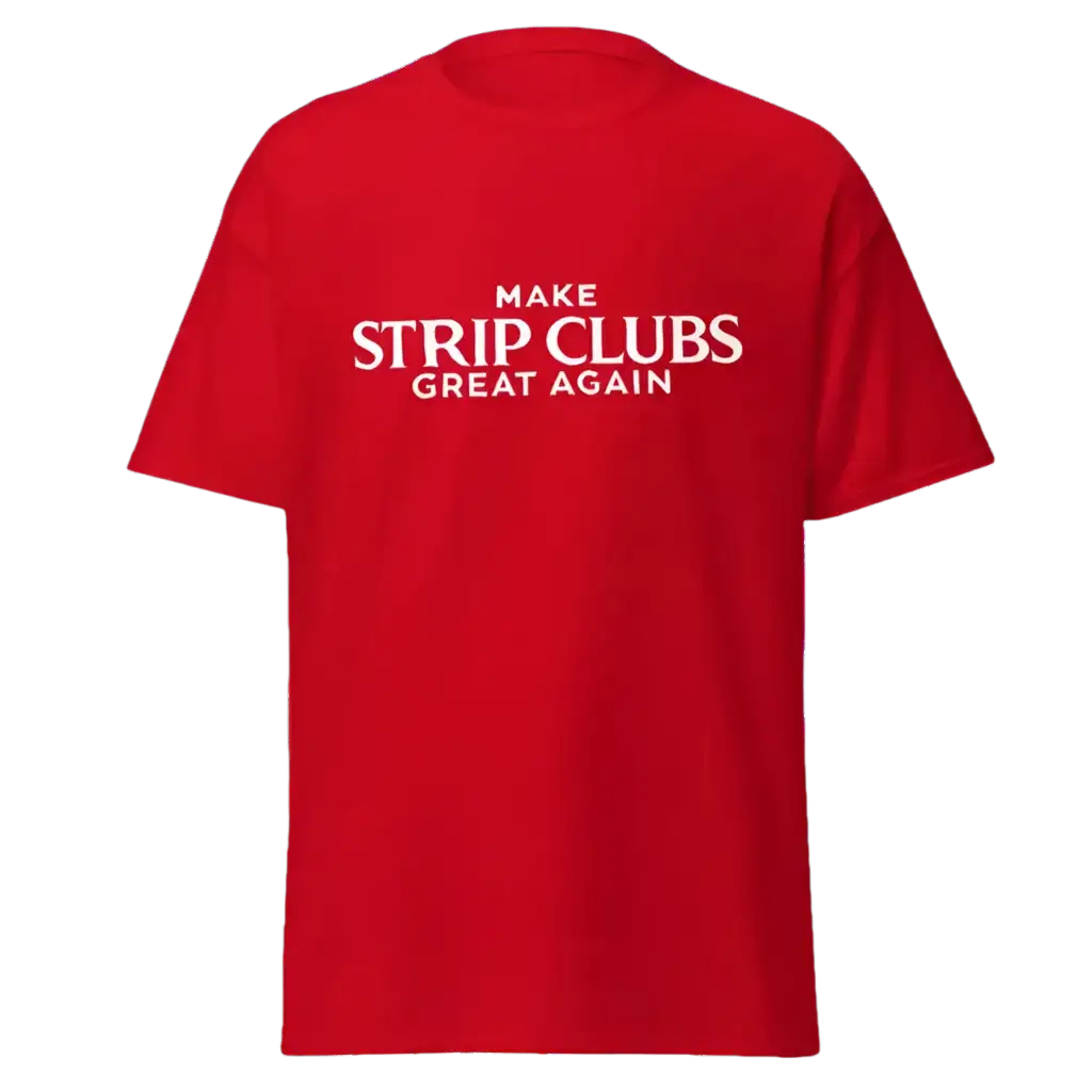 Red t-shirt with white text.