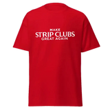 Red t-shirt with white text.