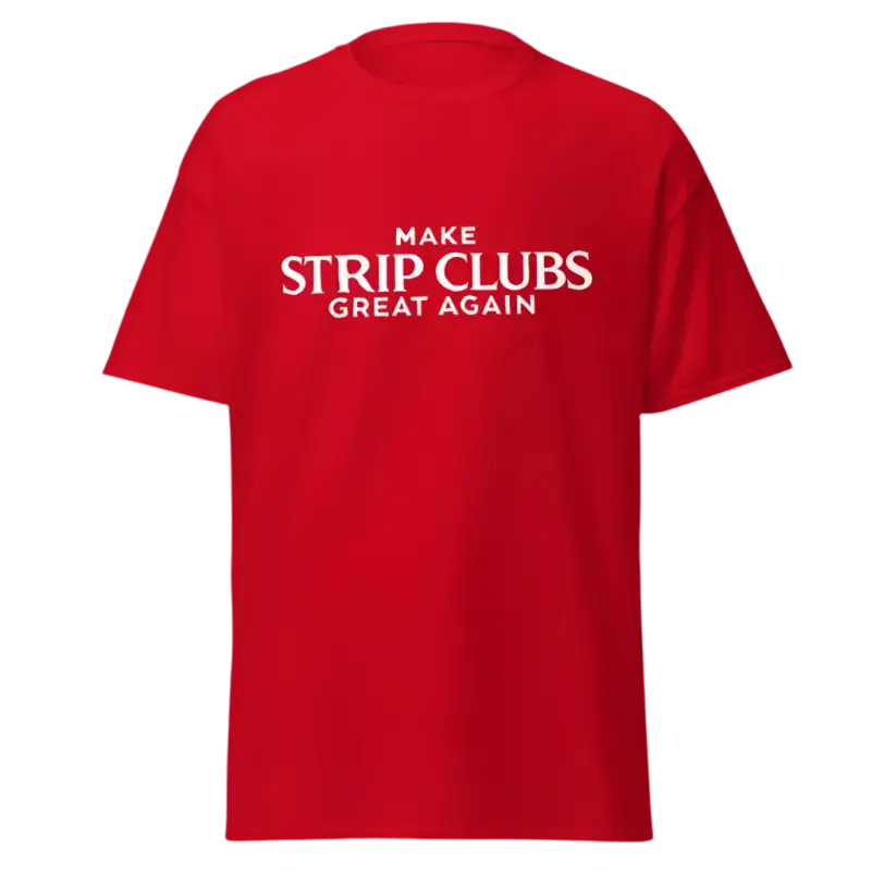 Red t-shirt with white text.