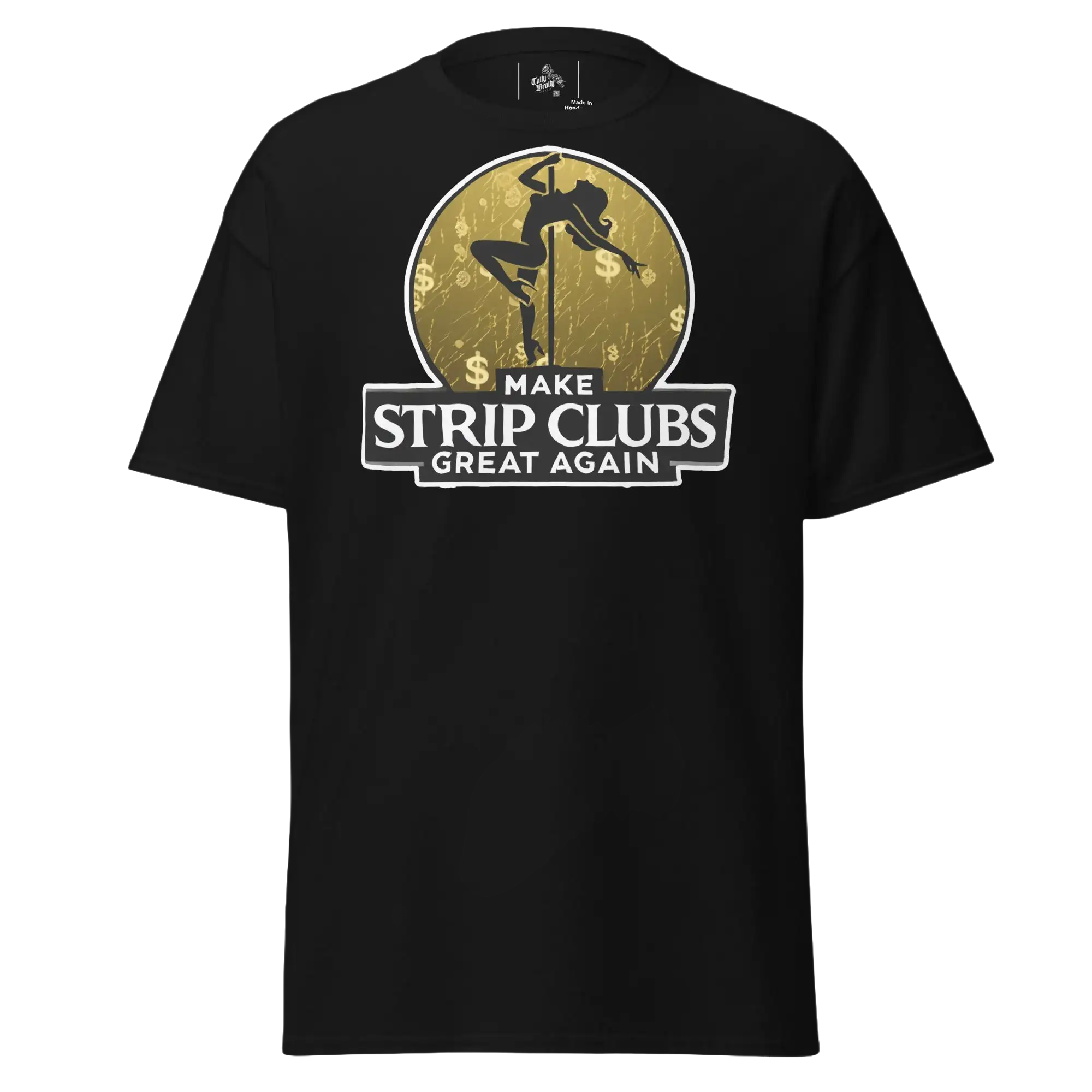 Black t-shirt with a pole dancer graphic.