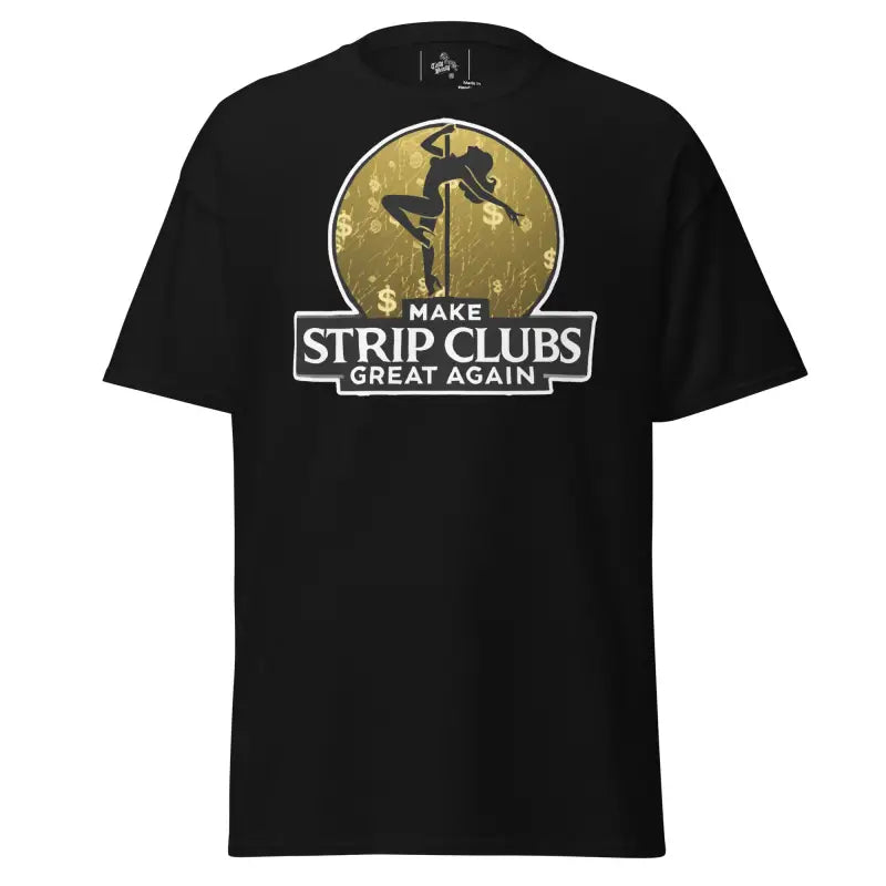 Black t-shirt with a pole dancer graphic.