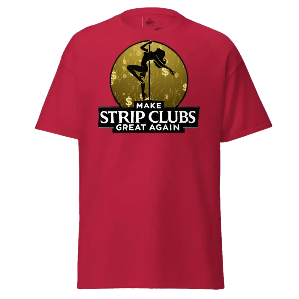 Red t-shirt with pole dancer graphic.