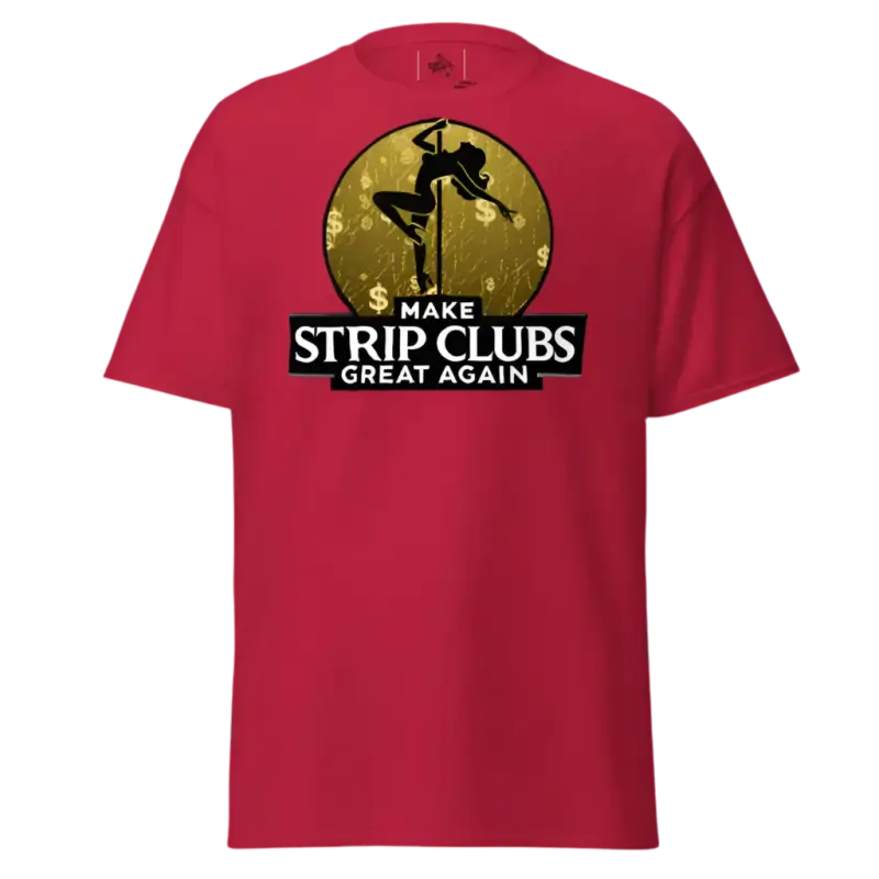 Red t-shirt with pole dancer graphic.