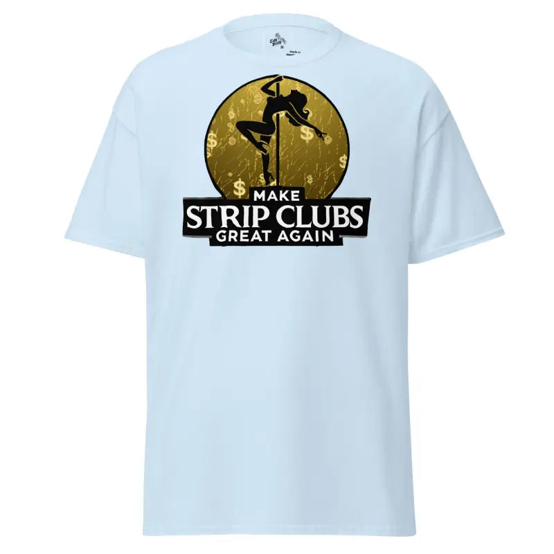 Light blue t-shirt with a pole dancer graphic.