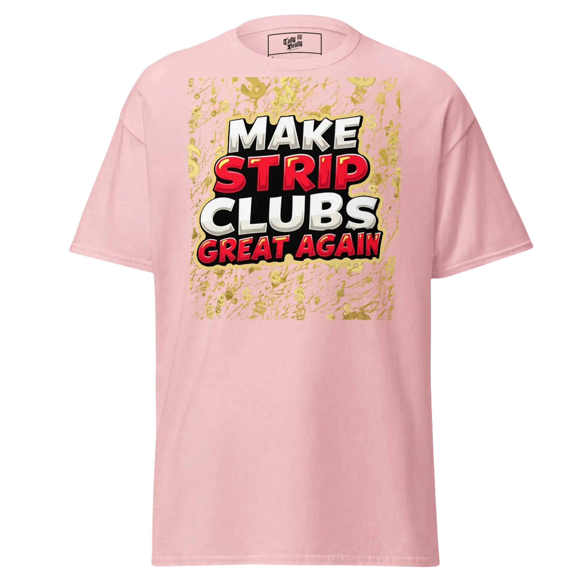 Pink t-shirt with graphic.