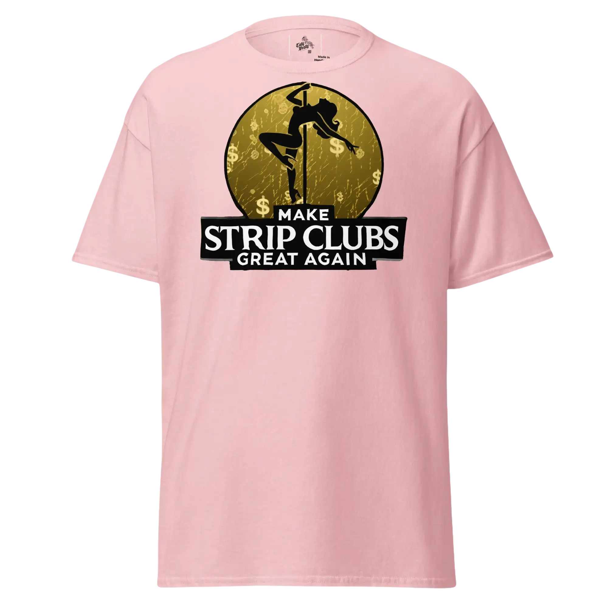 Pink t-shirt with pole dancer graphic.
