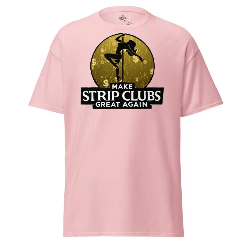 Pink t-shirt with pole dancer graphic.