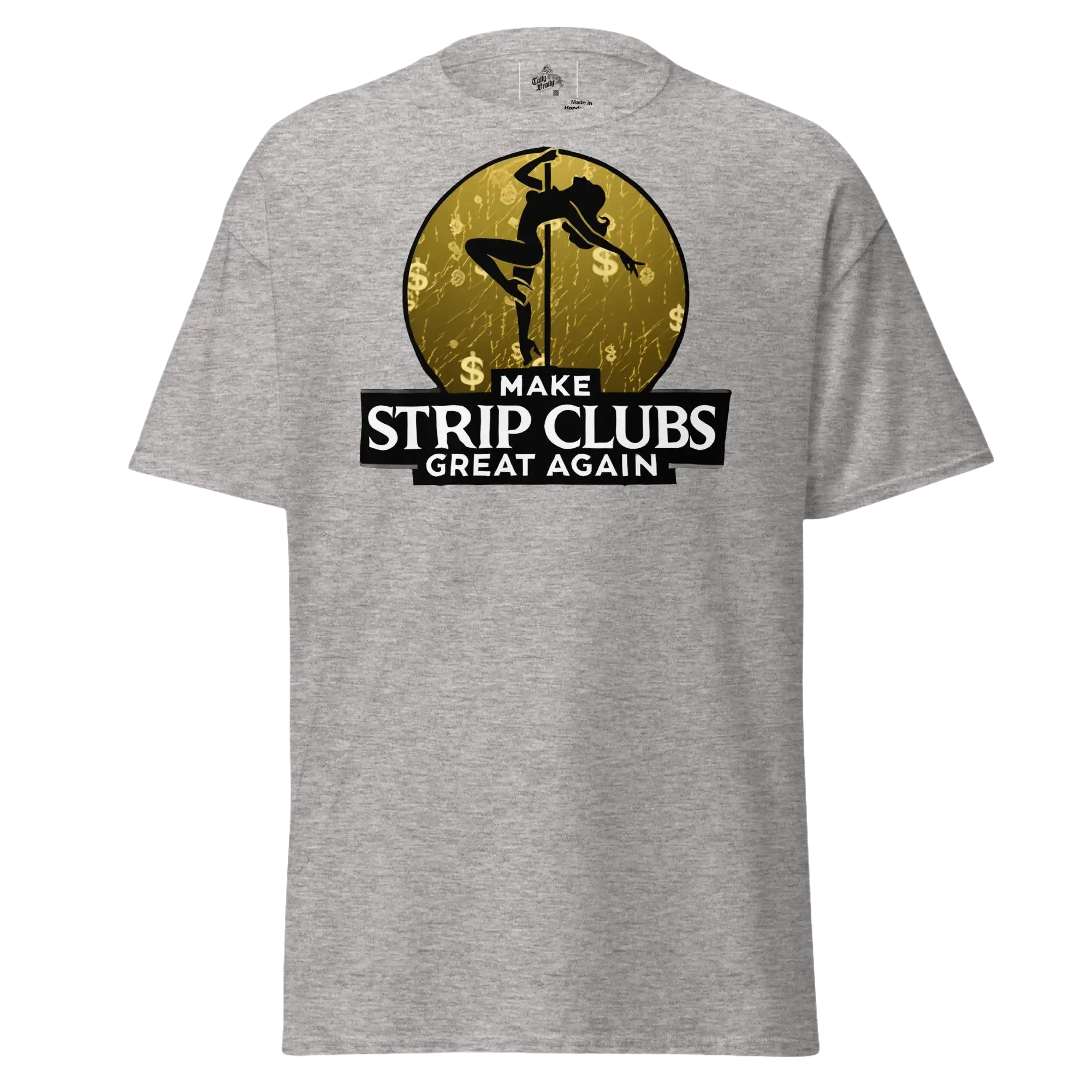 Gray t-shirt with a pole dancer graphic.