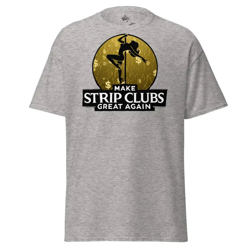 Gray t-shirt with a pole dancer graphic.