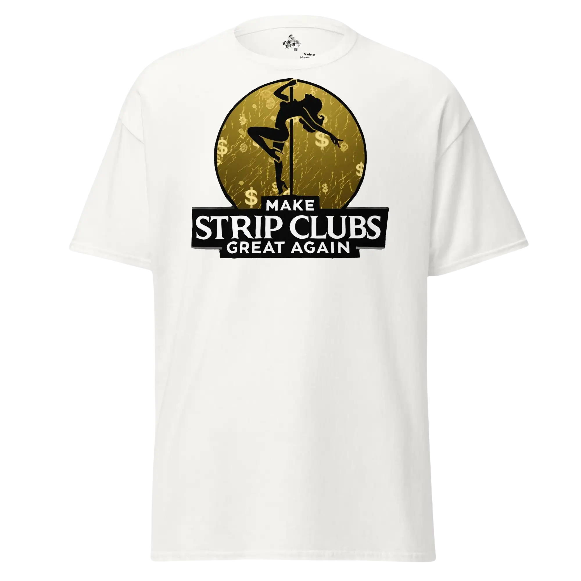 White t-shirt with pole dancer graphic.