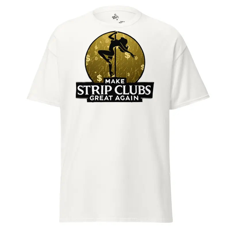 White t-shirt with pole dancer graphic.
