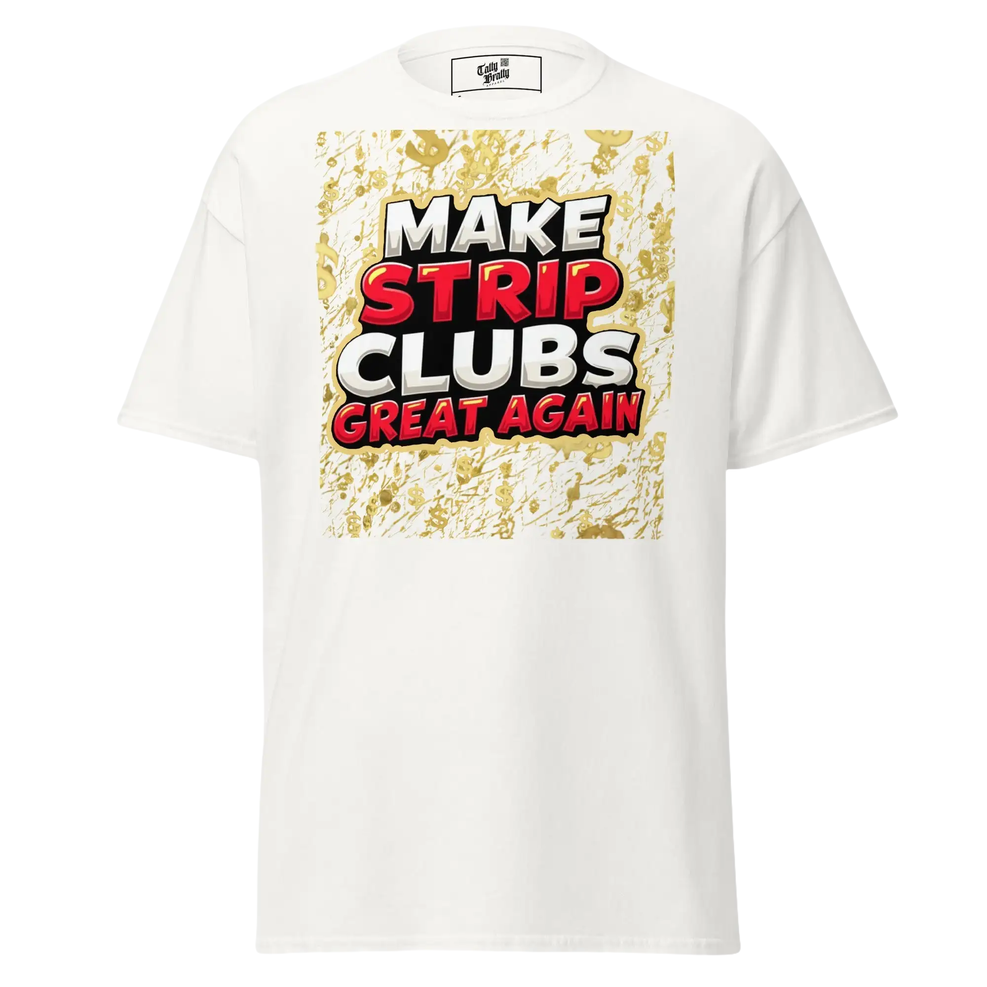 White t-shirt with graphic.