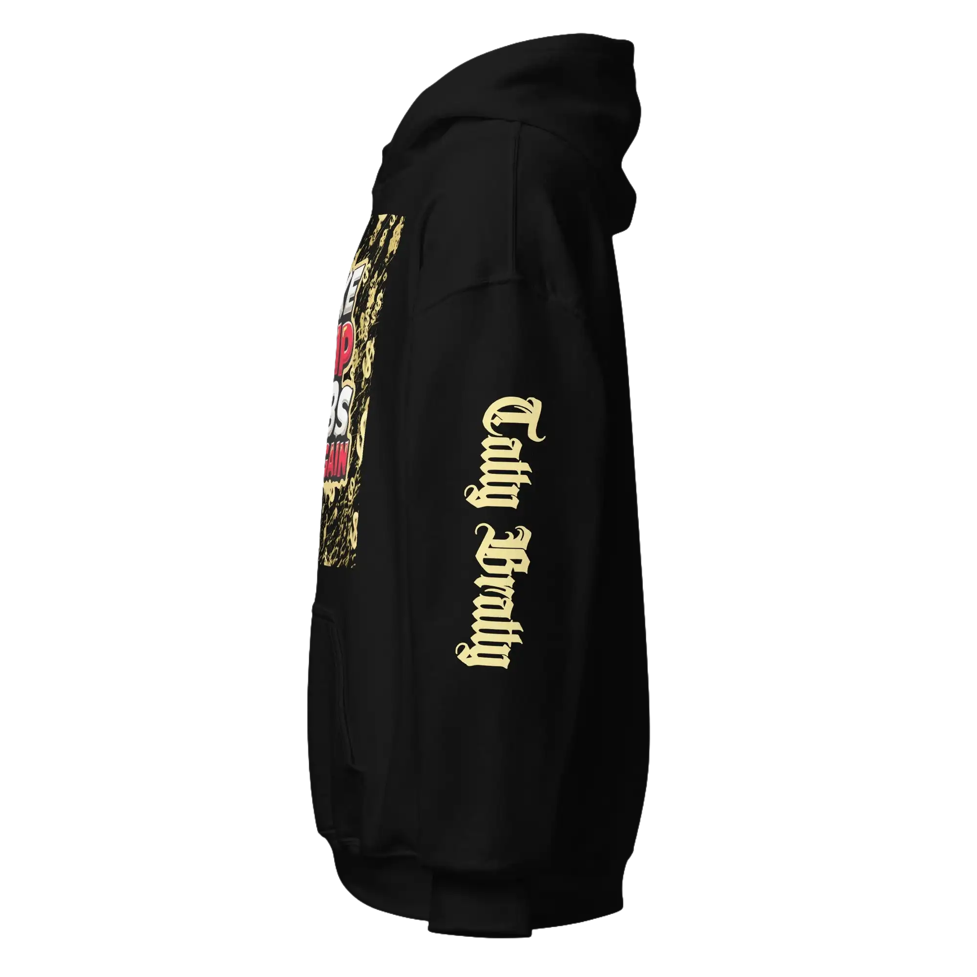 Black hoodie with graphic design.