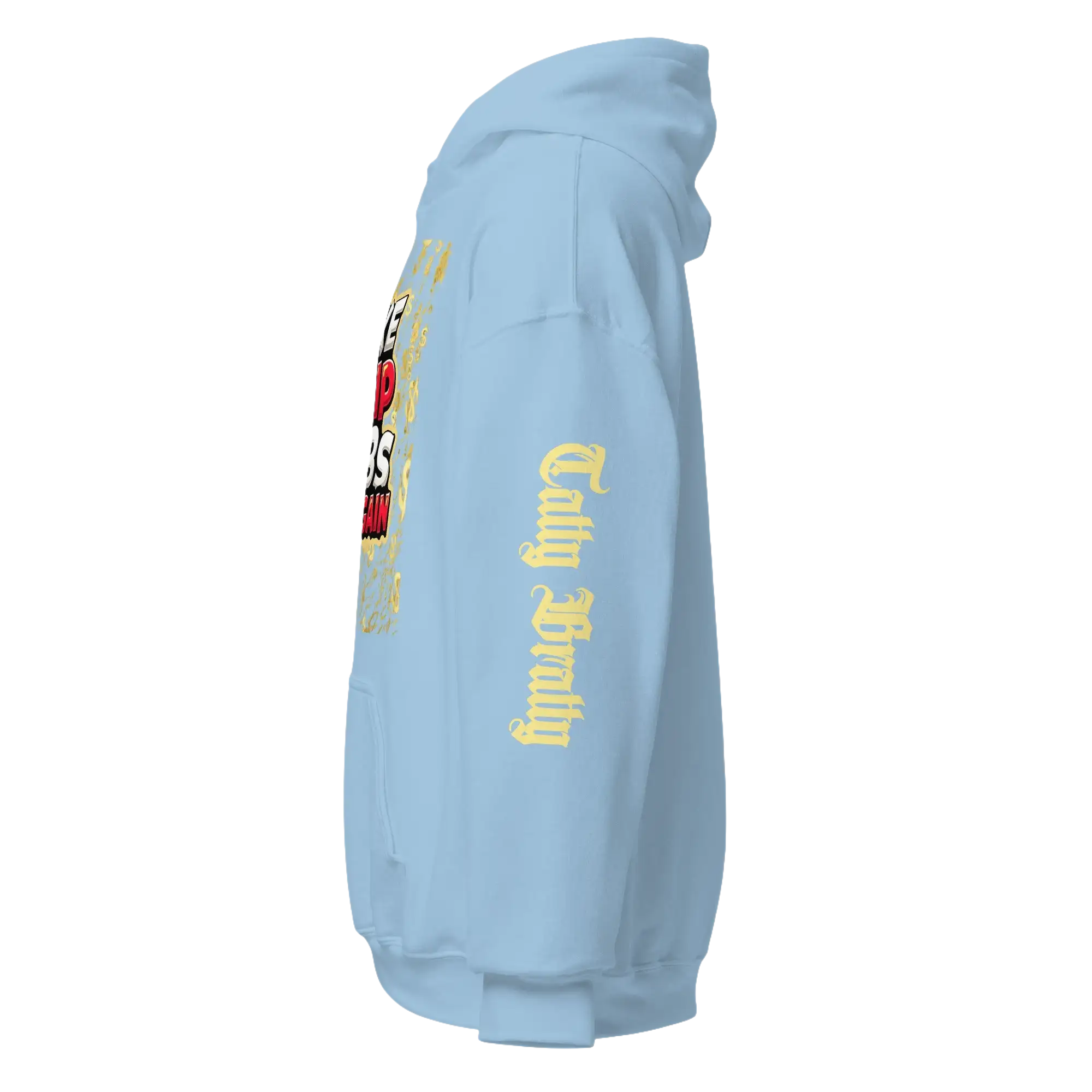 Light blue hoodie.
