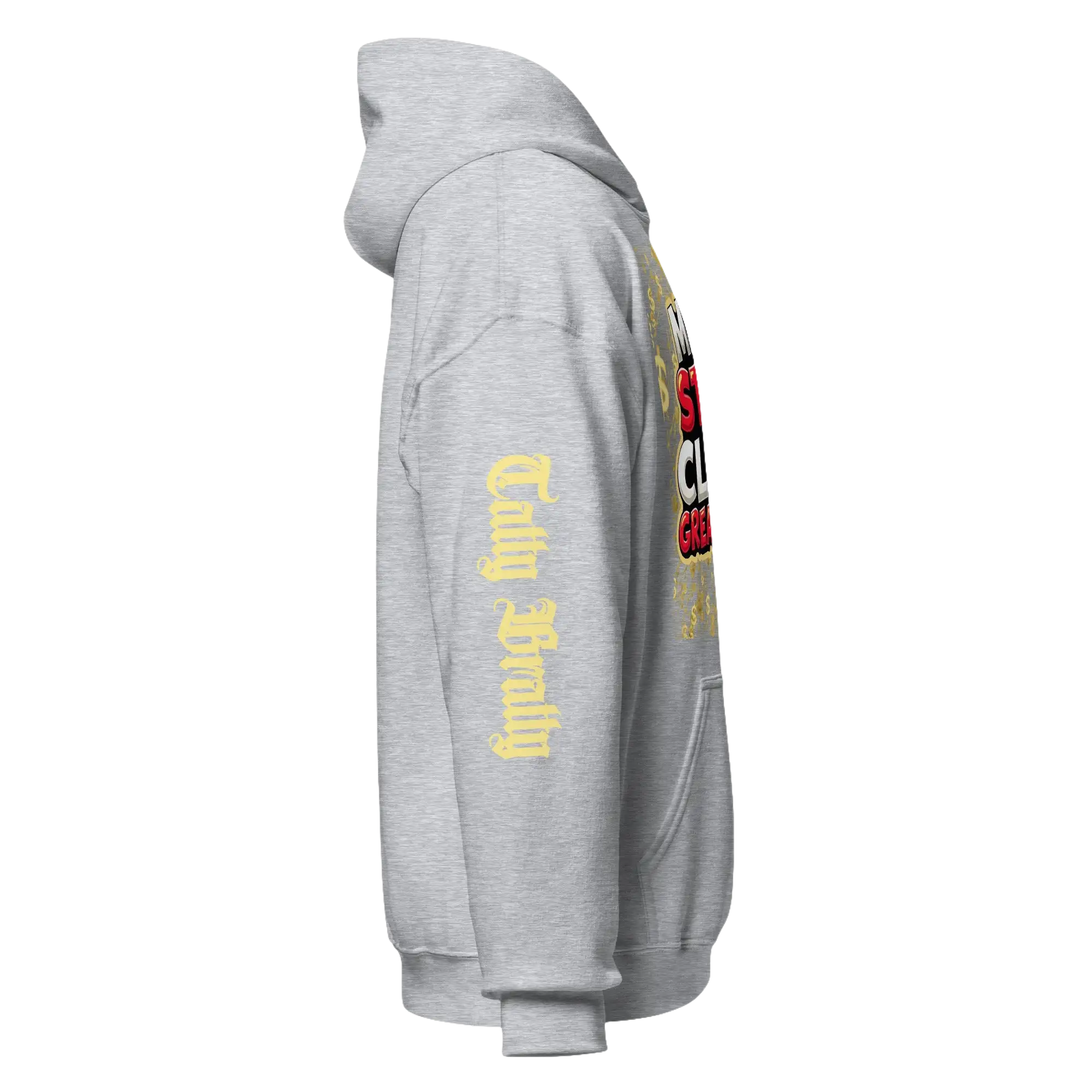 Gray hooded sweatshirt.