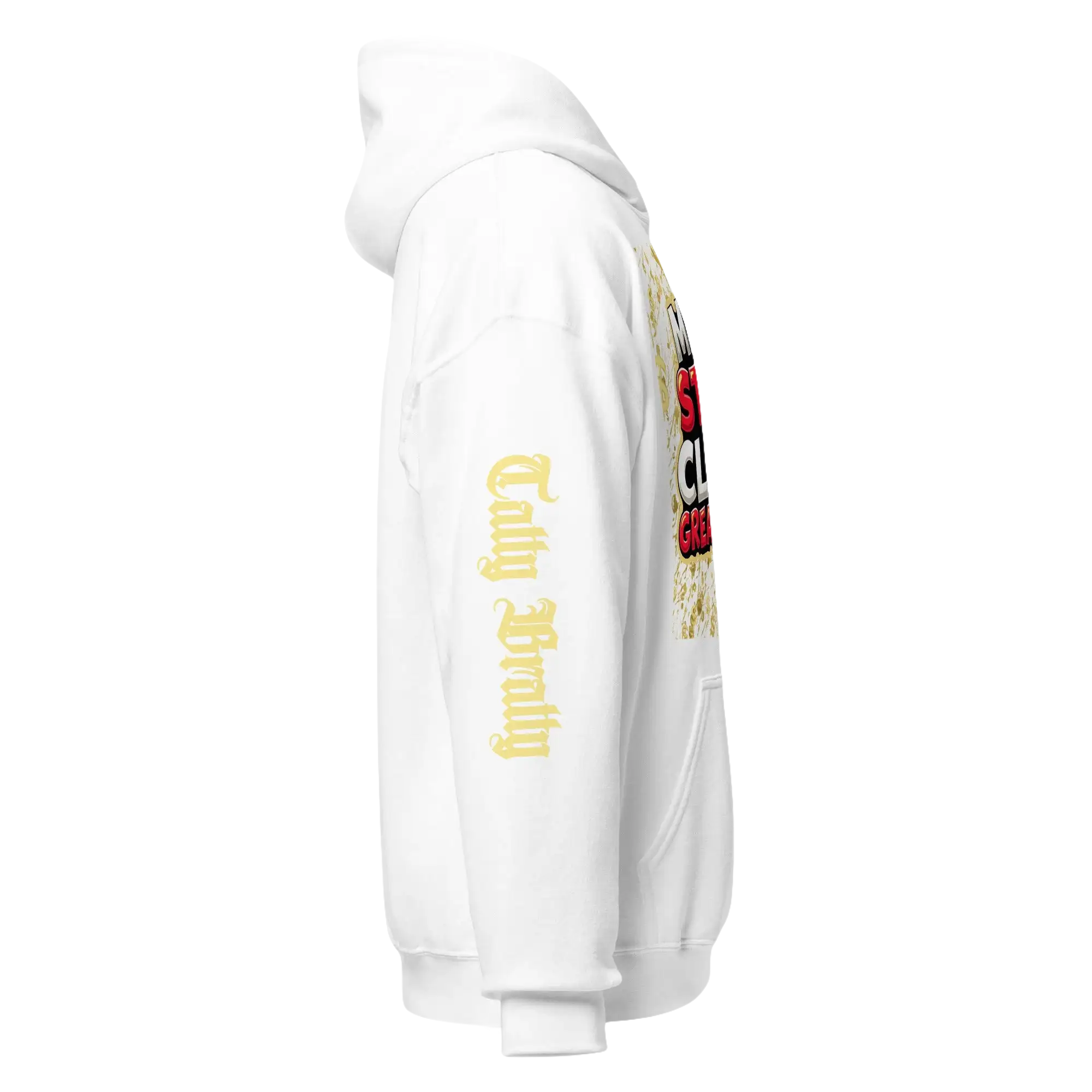 White hoodie with sleeve text and chest graphic.