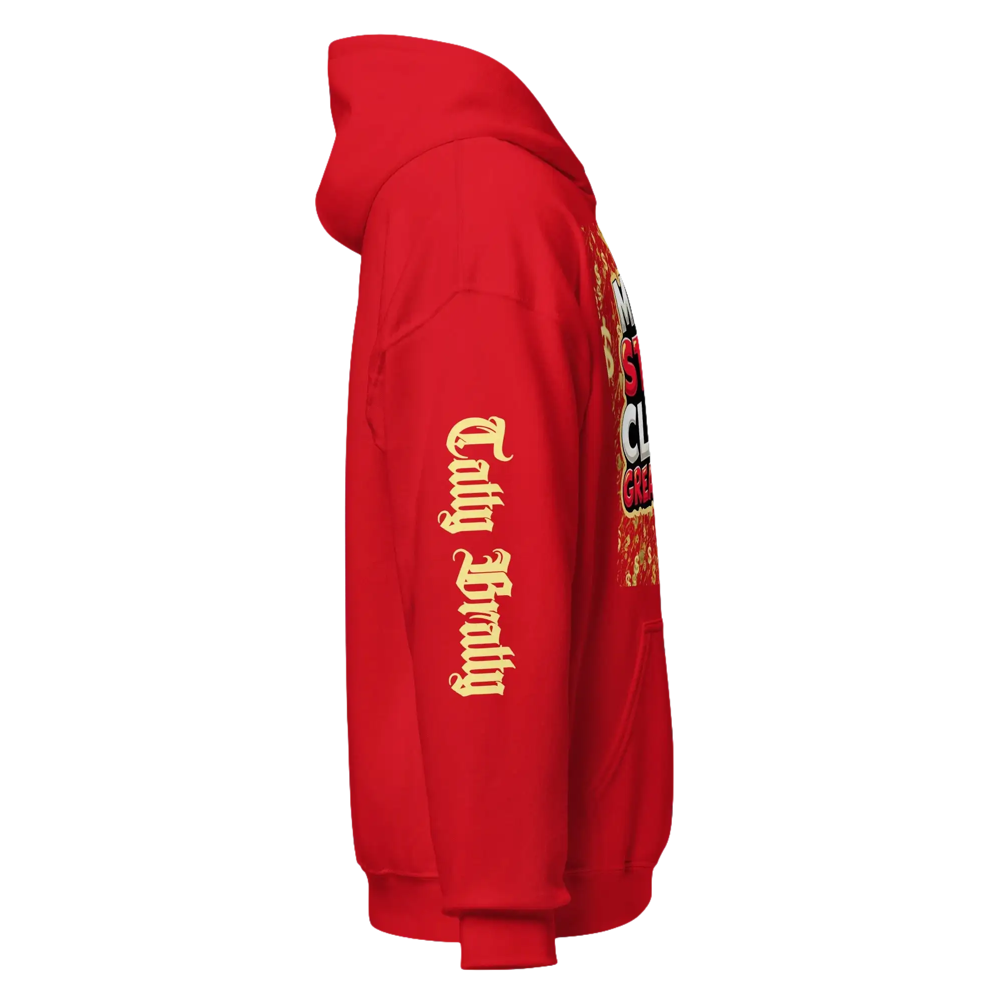 Red hooded sweatshirt.
