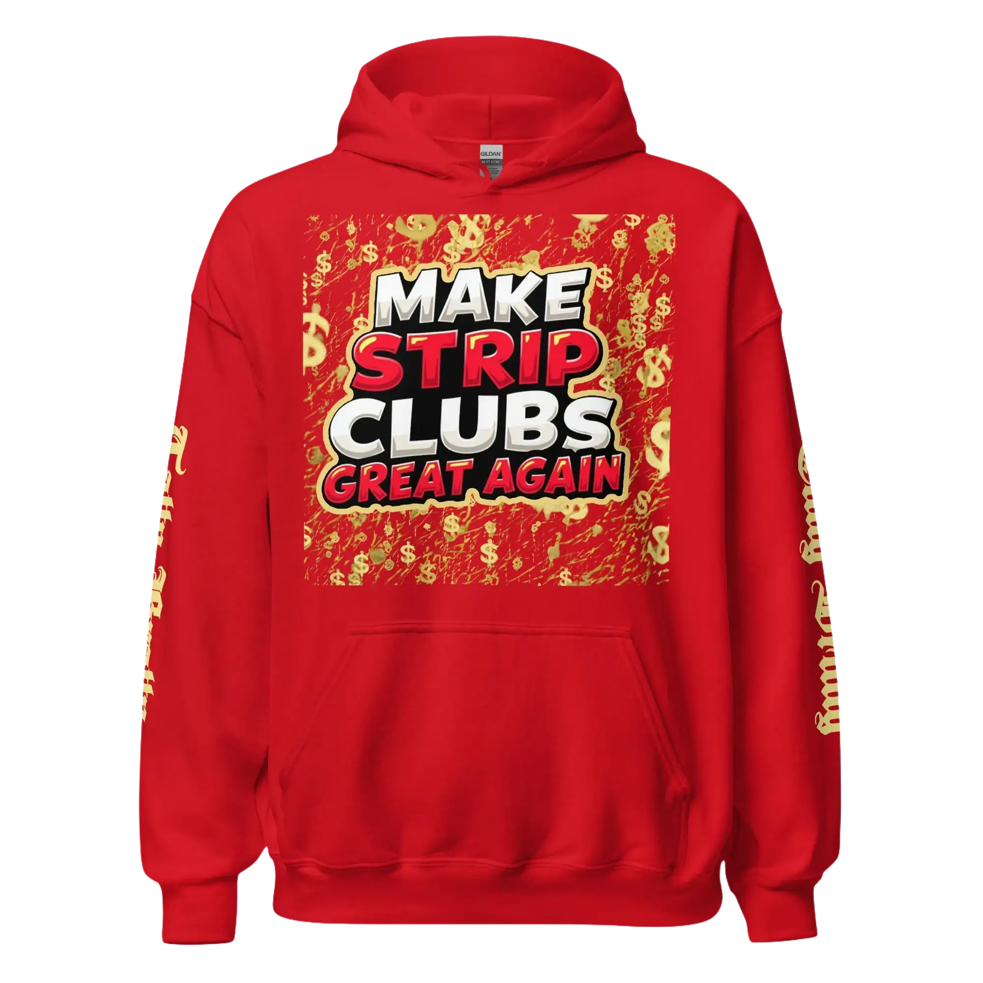 Red hoodie with graphic.