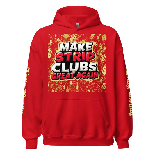 Red hoodie with graphic.