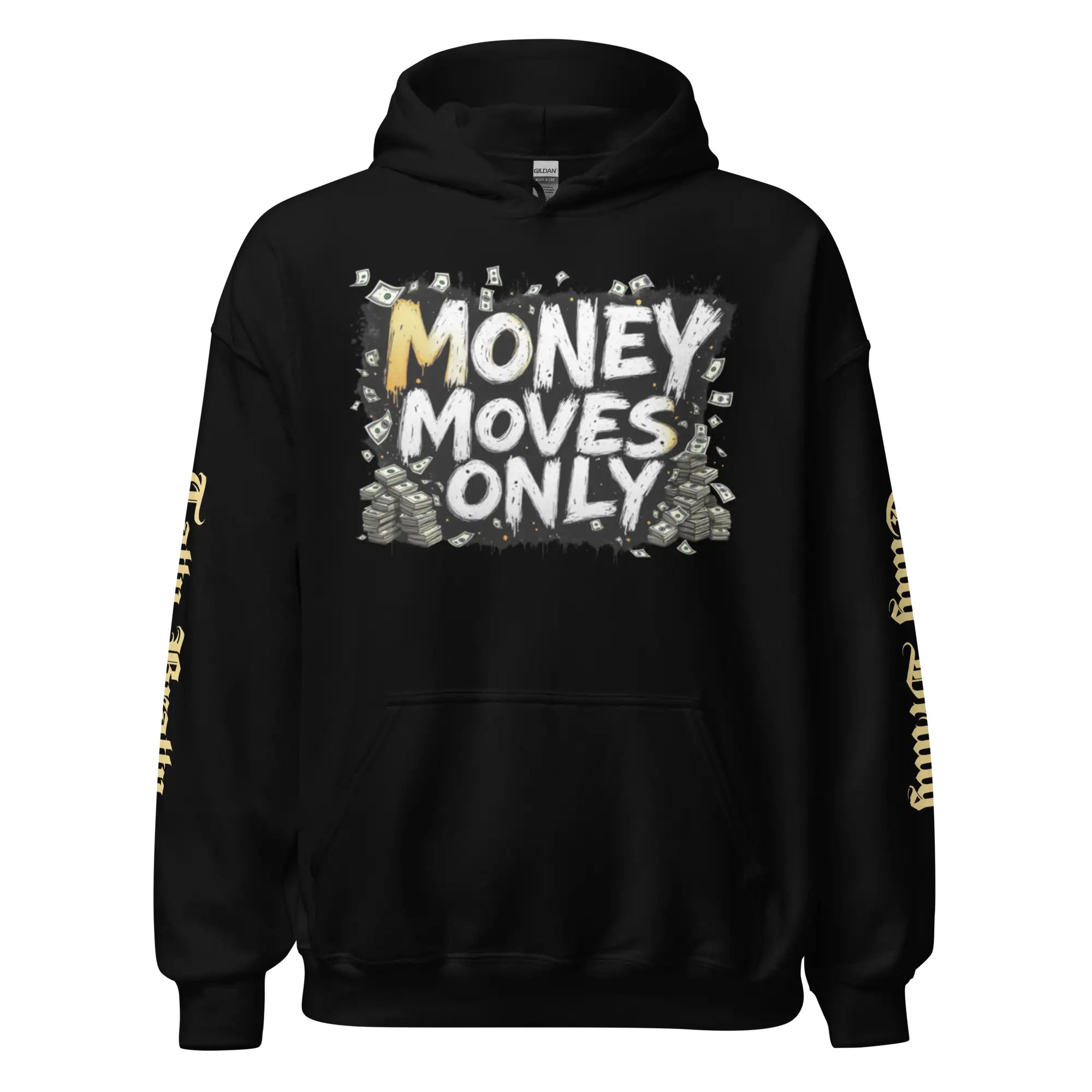 Black hoodie with ’Money Moves Only’ graphic.