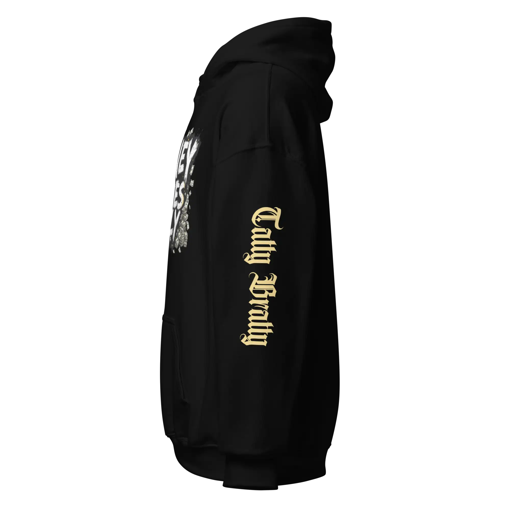 Black hoodie with graphic design.