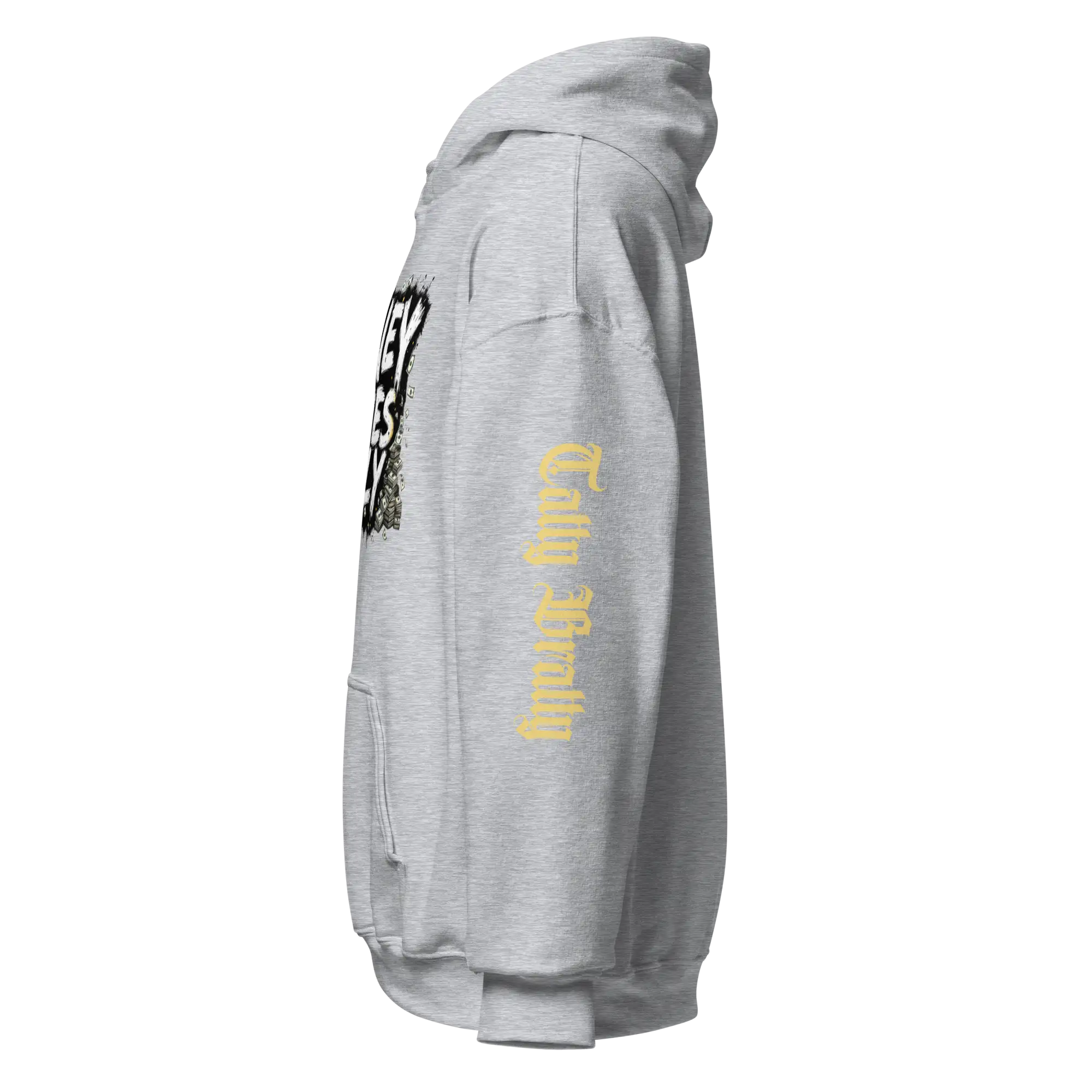 Gray hooded sweatshirt.
