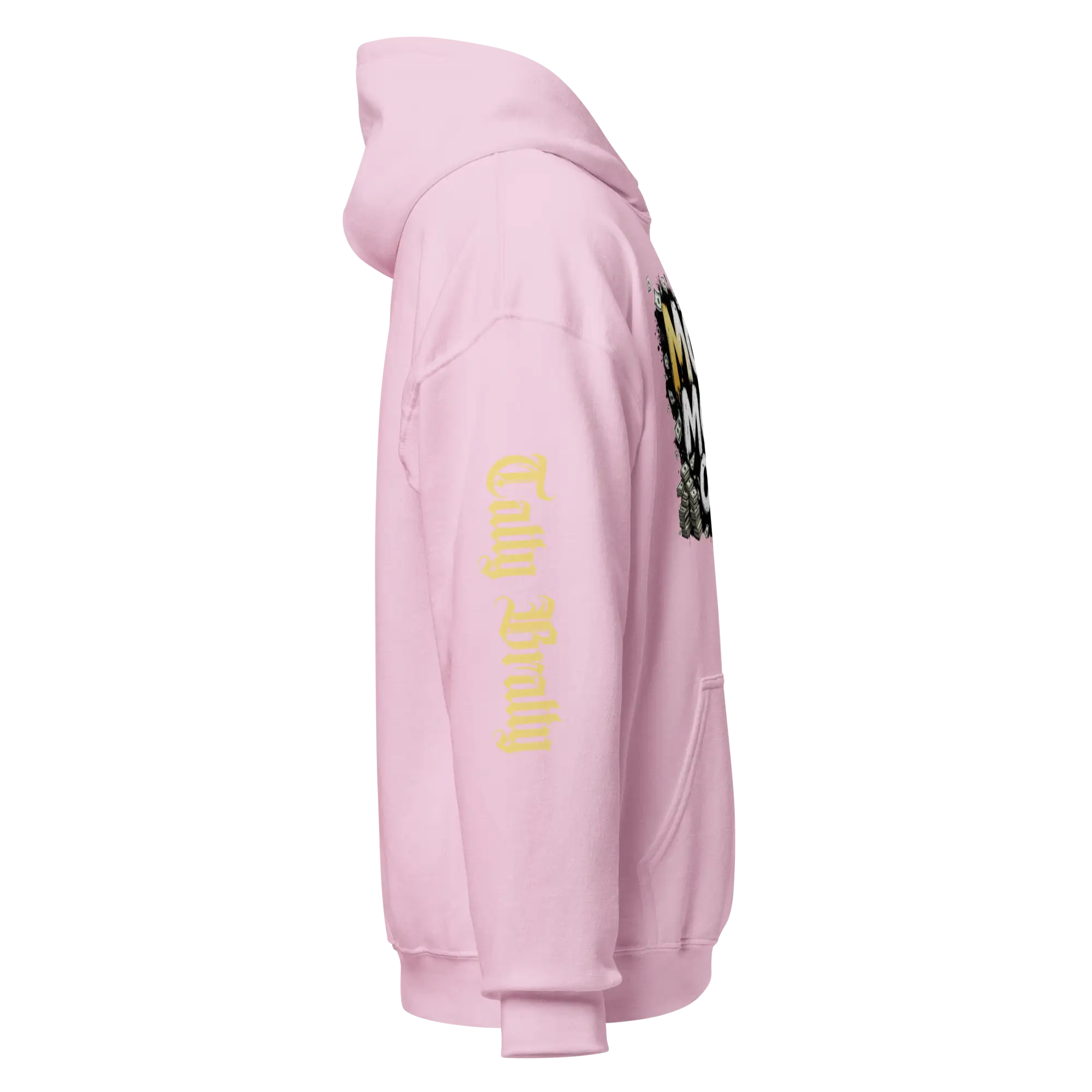 Pink hooded sweatshirt.