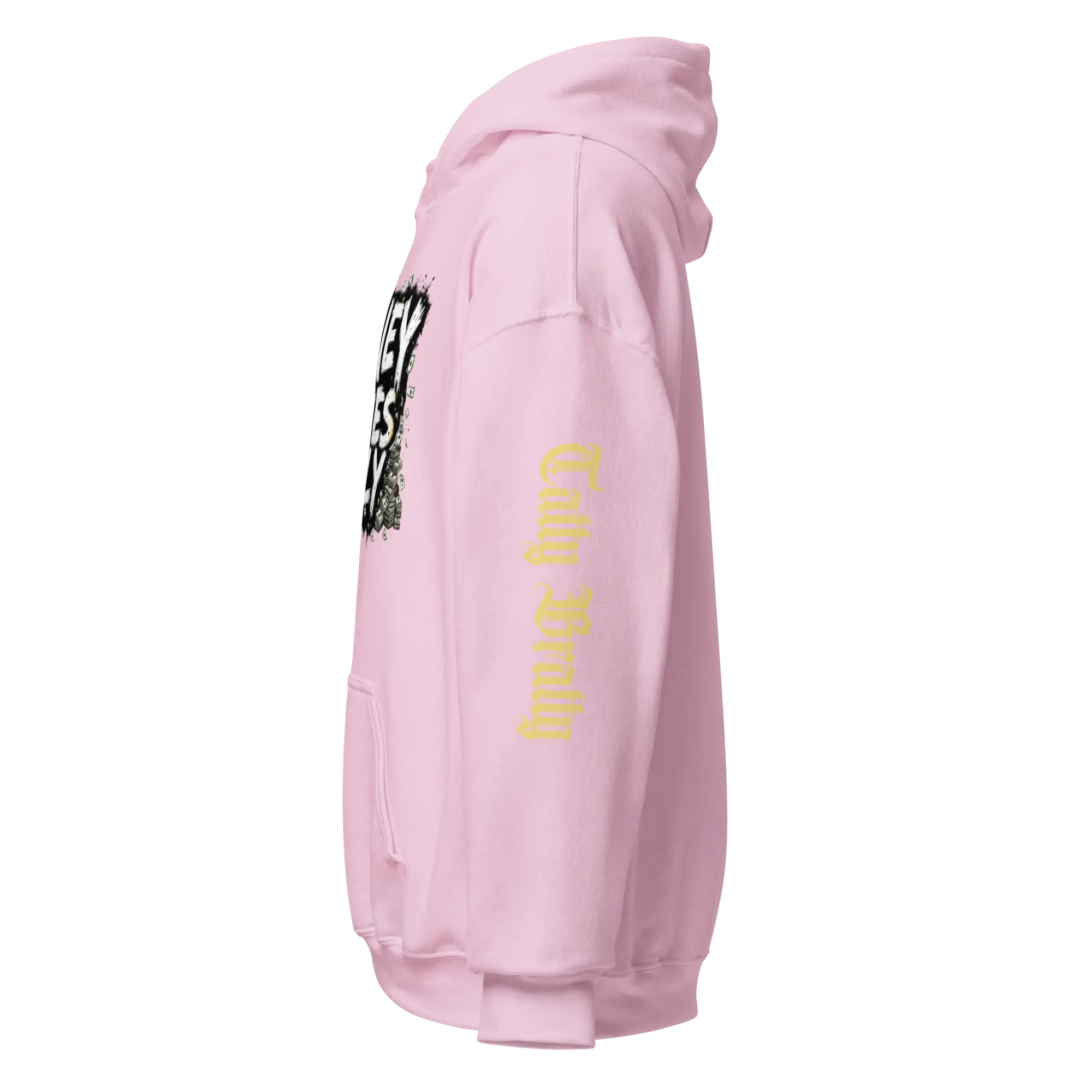 Pink hooded sweatshirt.