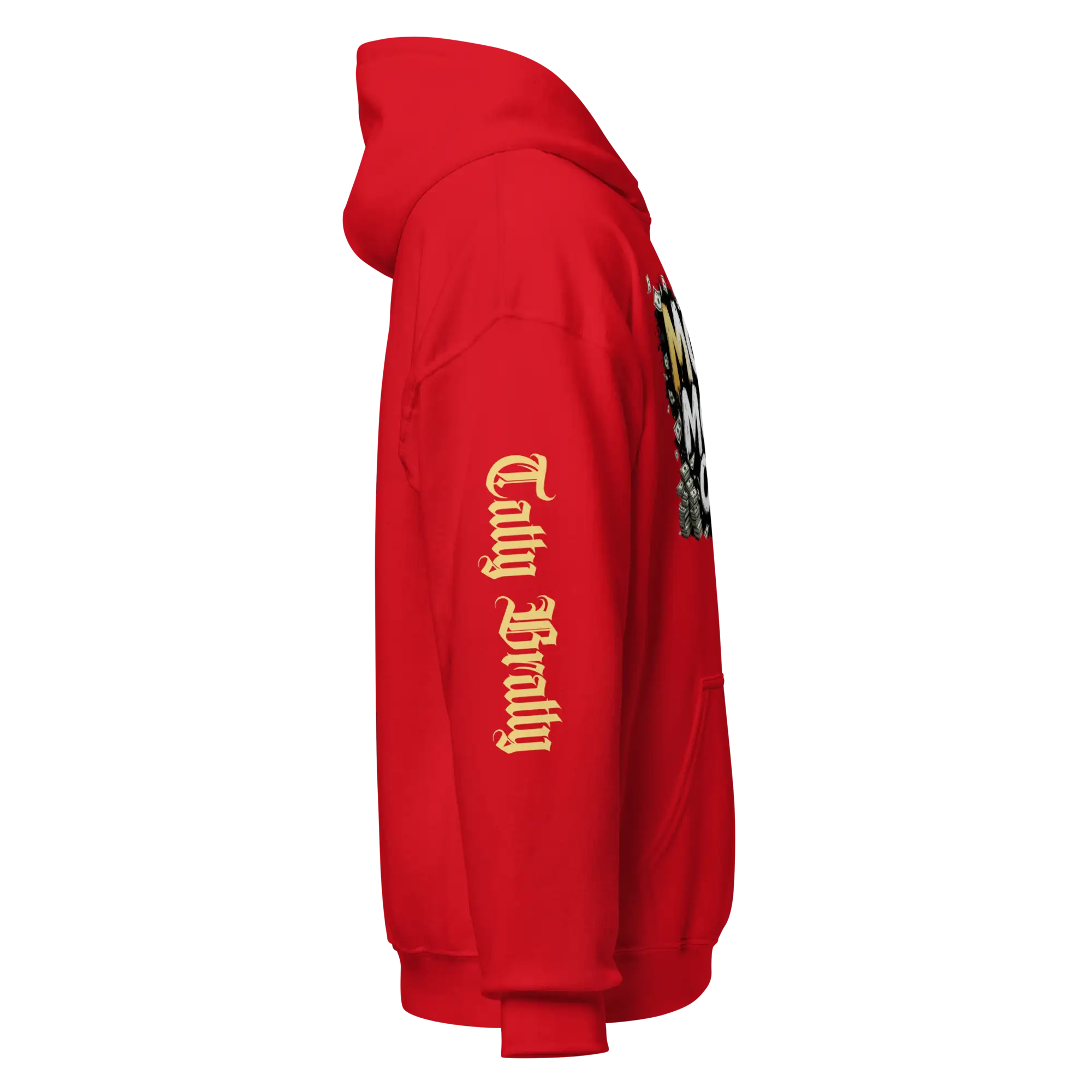 Red hoodie with sleeve text.