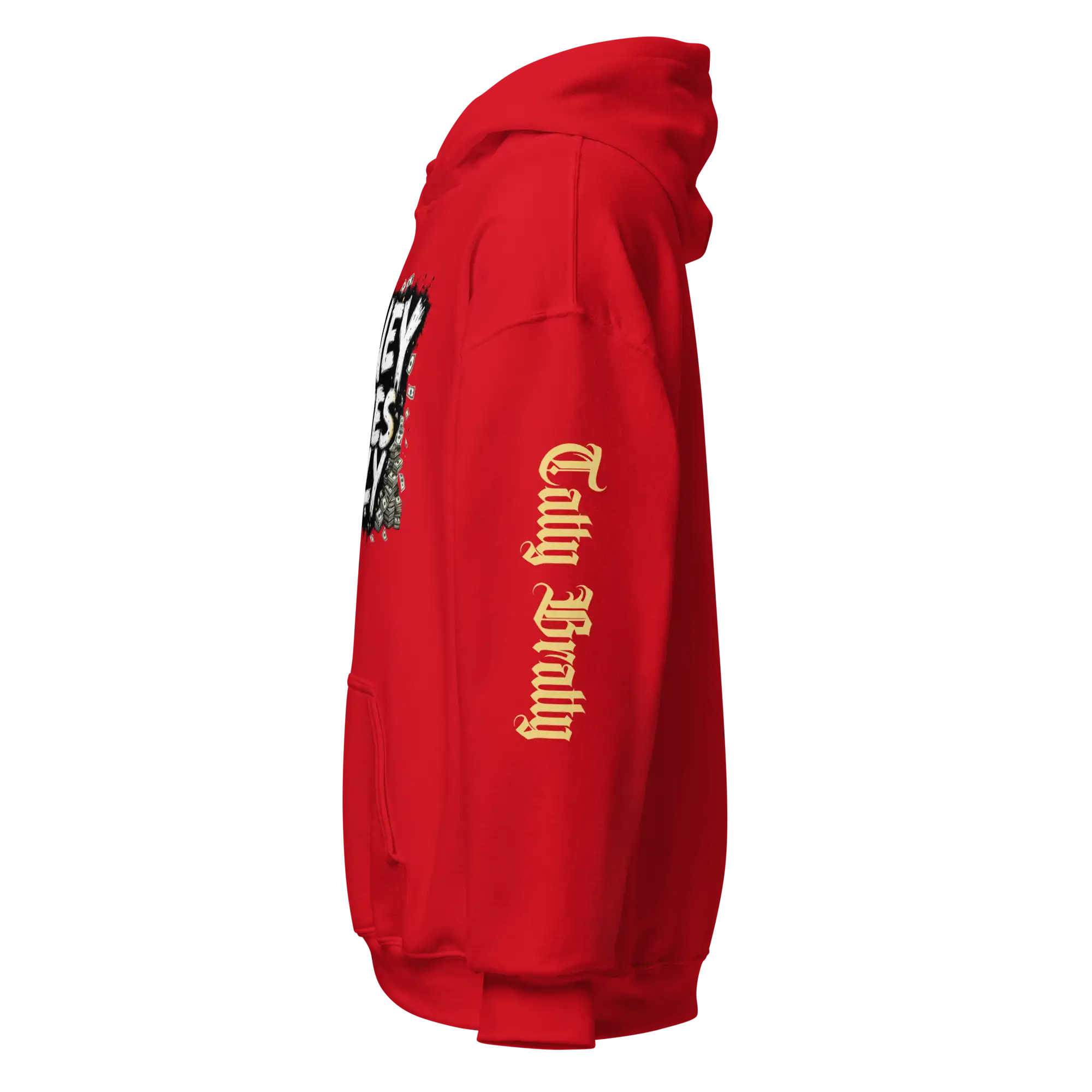 Red hoodie with sleeve text.