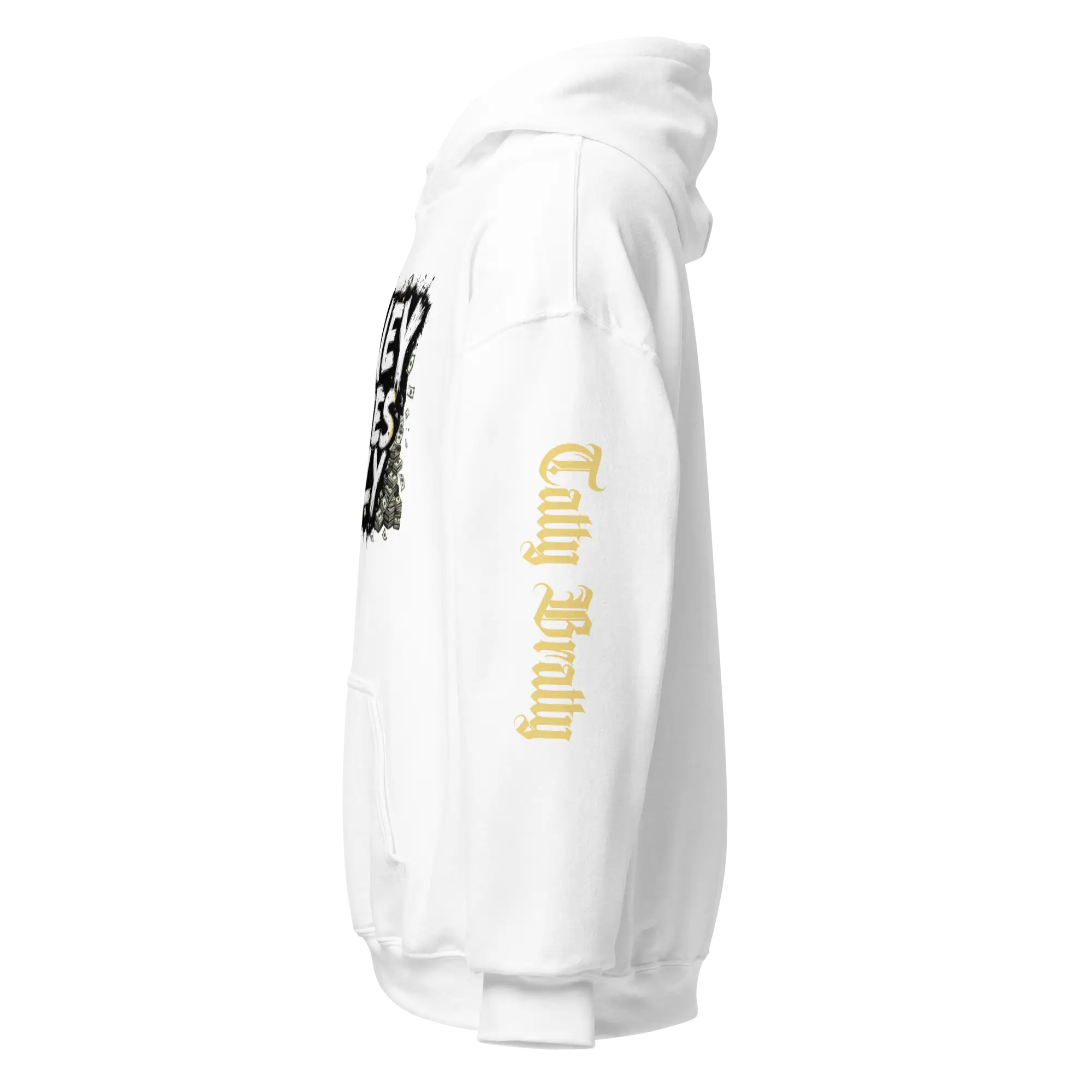 White hoodie with sleeve text.