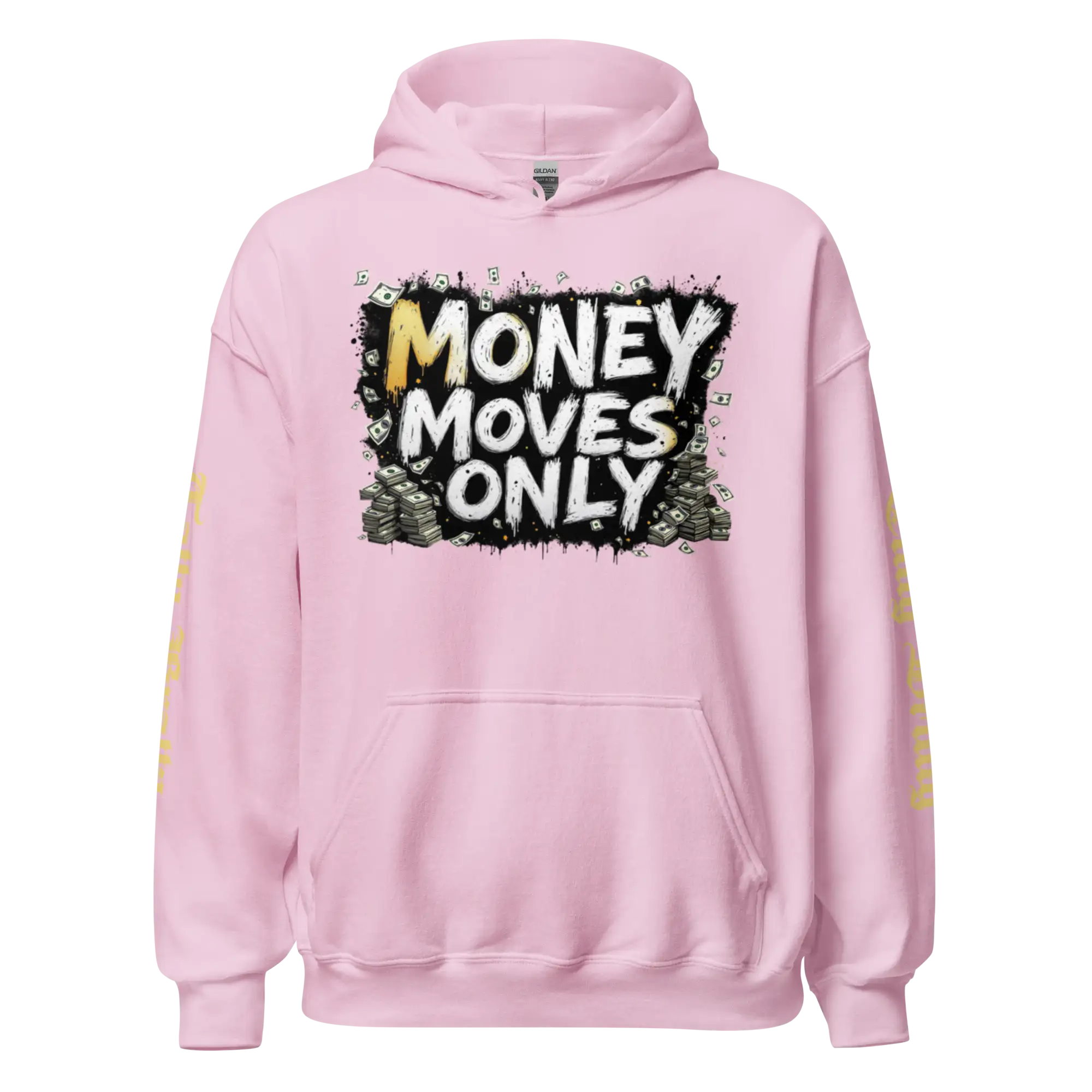 Pink hoodie with ’Money Moves Only’ graphic.
