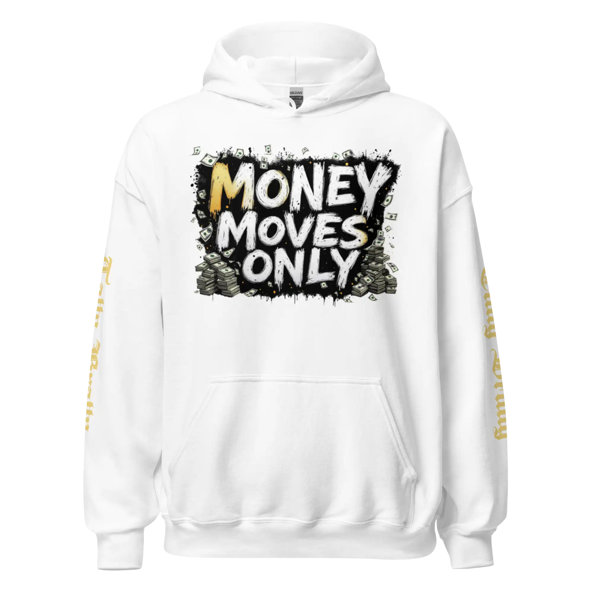 White hoodie with ’Money Moves Only’ graphic.