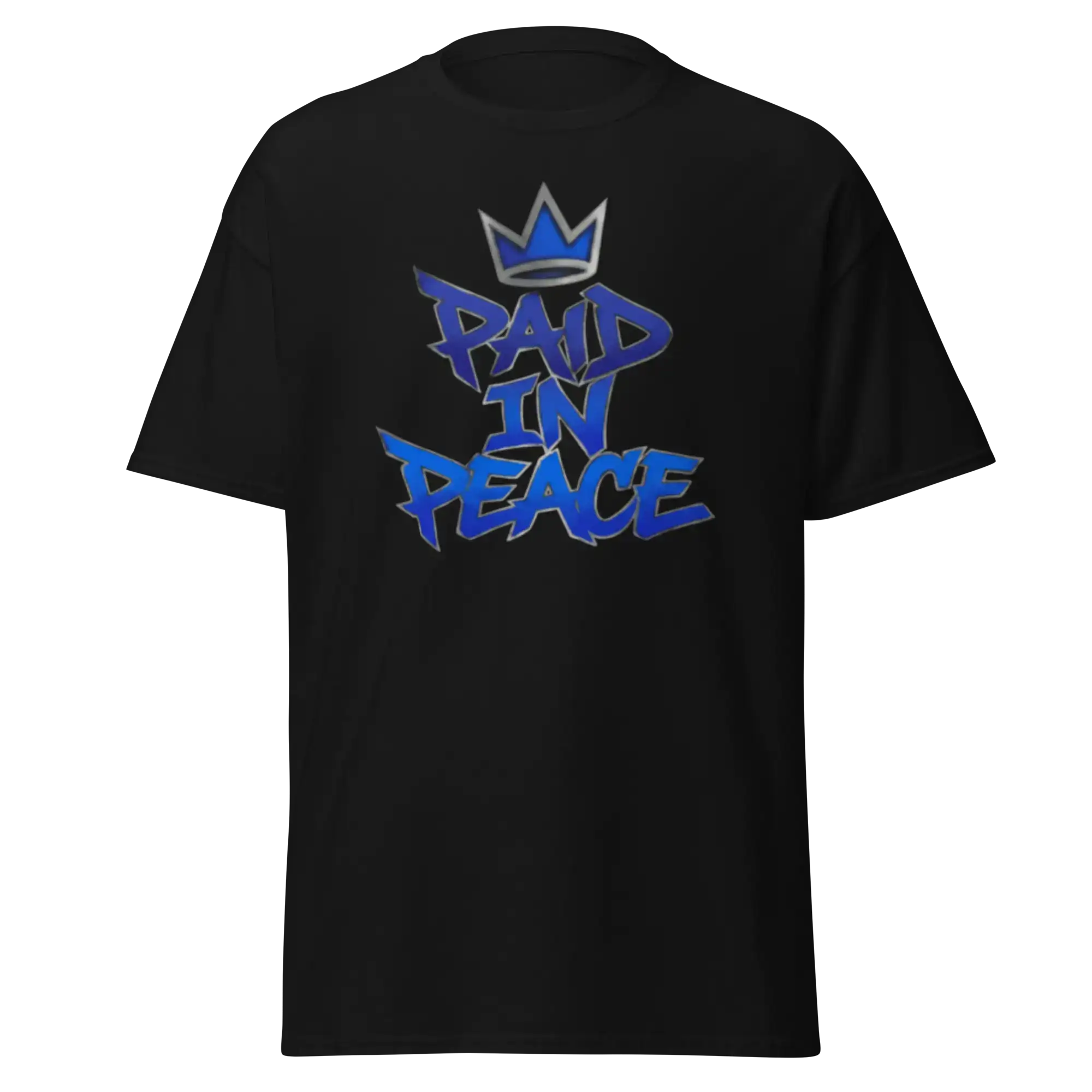 Chrome Street Shirt – Paid In Peace Graphic Tee with bold blue lettering on black fabric